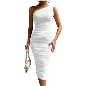 Women’s White Dress One Shoulder Casual Midi Dress Black Zipper.